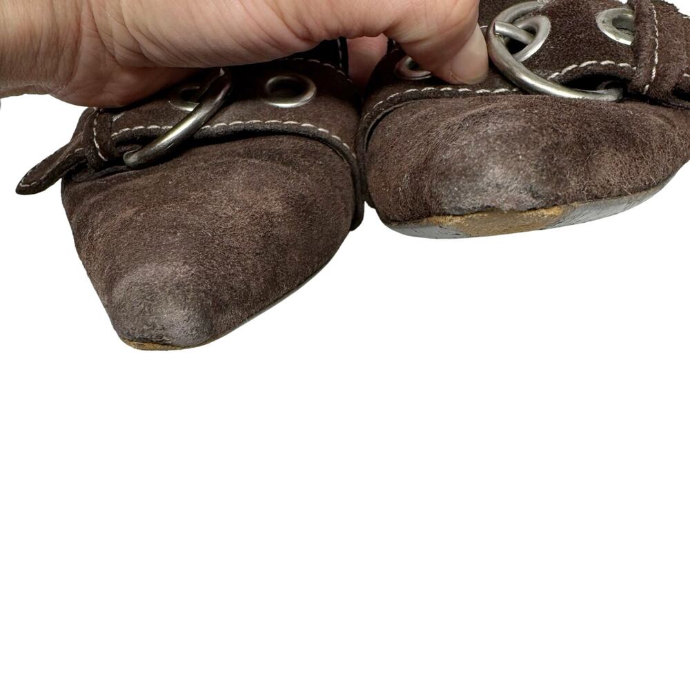 Prada Brown Suede Buckle Heels Size 39.5 Vintage Kitten Pumps Designer Shoes - Picture 9 of 10